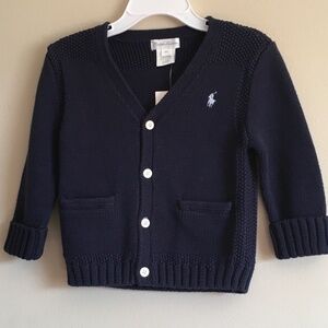 Ralph Lauren Baby Boy Navy Blue Cotton V Neck Cardigan Sweater size 18 months.
